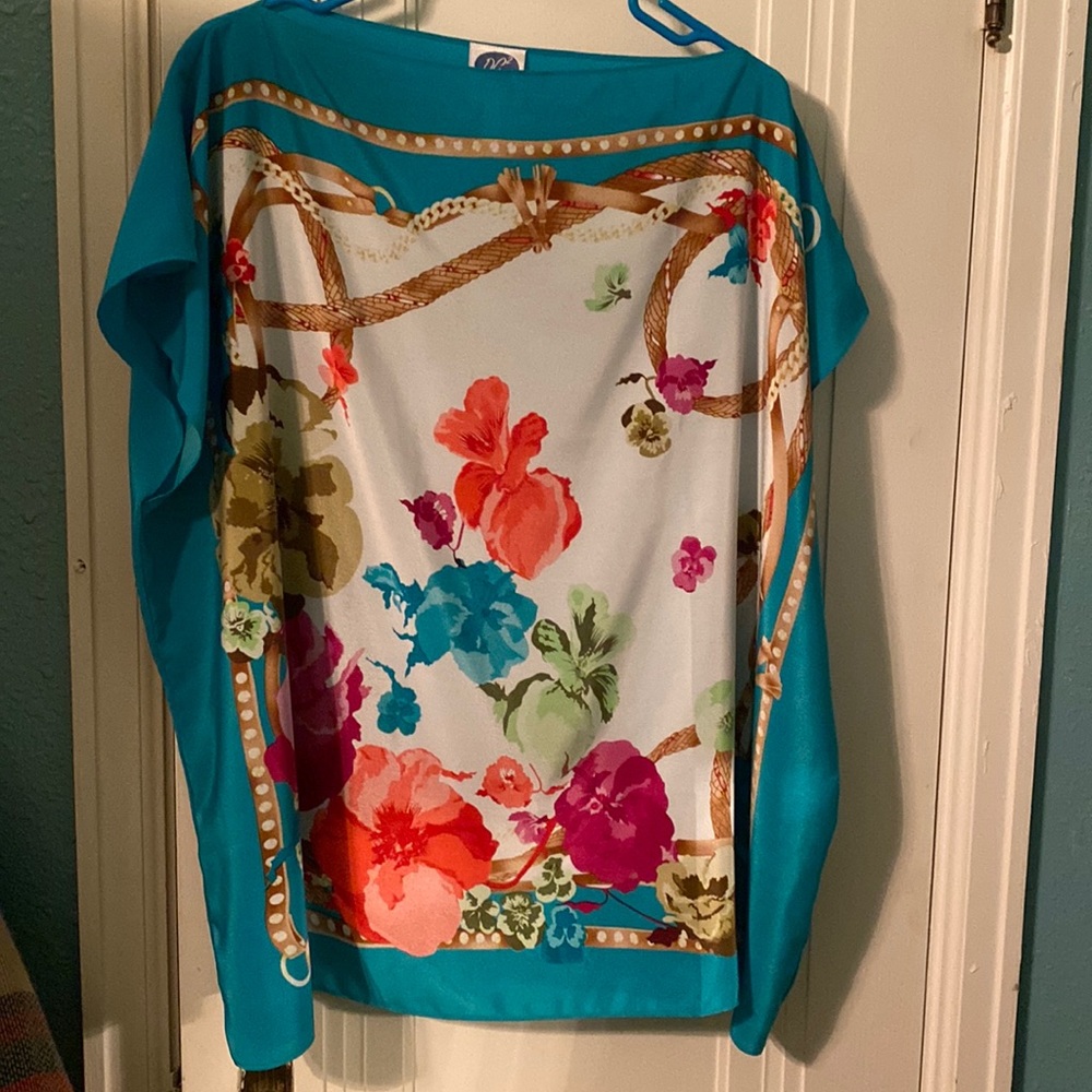 Diane Gilman Turquoise Floral Boatneck Blouse